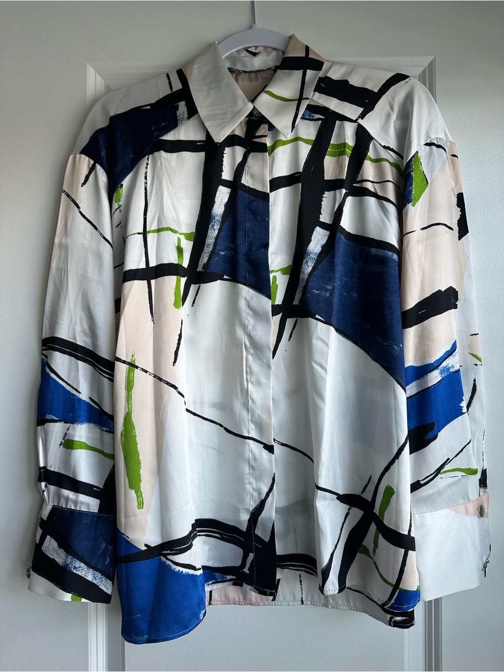 Zara Print Long-Sleeve Button-Up Shirt - White Multi satin